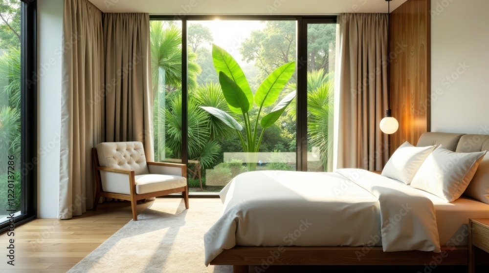 Serene Bedroom Sanctuary with Lush Greenery Views and Natural Light, Featuring a Comfortable Chair and a Soft Bed Serene Bedroom Sanctuary with Lush Greenery Views and Natural Light, Featuring a Comfortable Chair and a Soft Bed