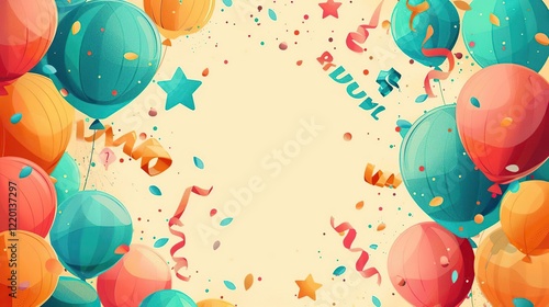 balloons and confetti are flying around a happy birthday card photo