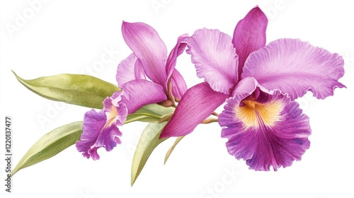 Fototapeta Naklejka Na Ścianę i Meble -  A purple Cattleya orchid flower, watercolor clipart PNG isolated on a white background. 