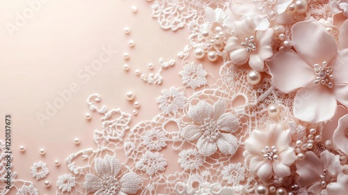 a close up of a wedding dress with pearls and flowers photo