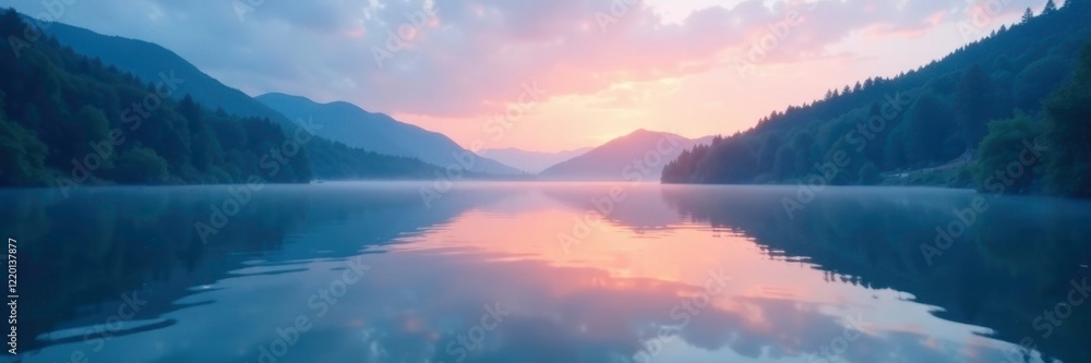 Deep blue waters reflected in a serene lake surface at dawn, nature, reflection Deep blue waters reflected in a serene lake surface at dawn, nature, reflection
