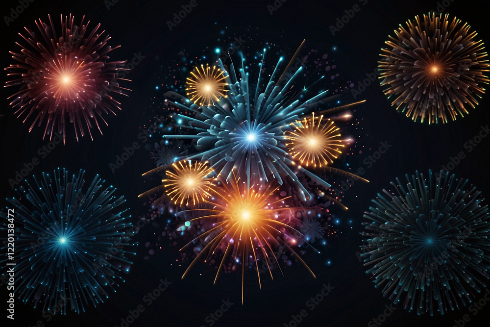 Fototapeta premium festive decorative colorful fireworks explosions isolated on dark background. Holyday decorative elements and Congratulation banner.