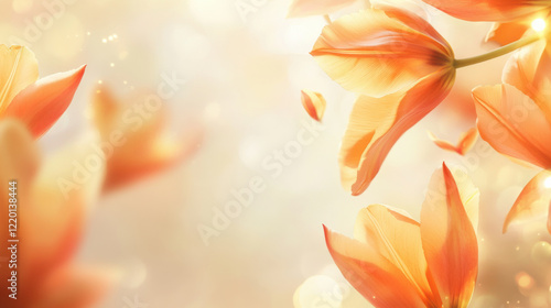 Orange tulip petals with soft light create dreamy bokeh effect, enhancing beauty of nature. delicate petals float gracefully, evoking sense of tranquility and warmth