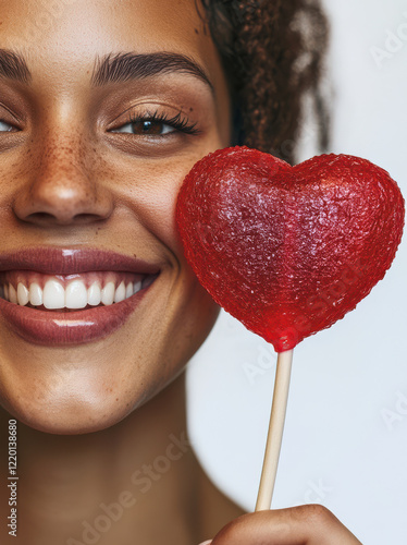 Close up portrait of a happy young woman with a red valentine love heart lollipop