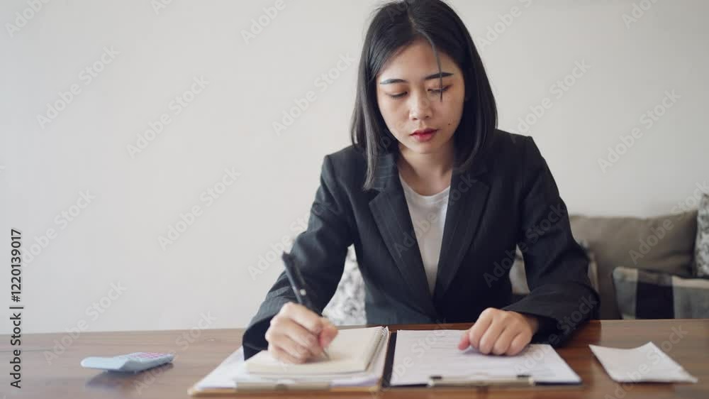 A woman is sitting at a desk and writing in a notebook. She is wearing a black suit and she is focused on her work A woman is sitting at a desk and writing in a notebook. She is wearing a black suit and she is focused on her work