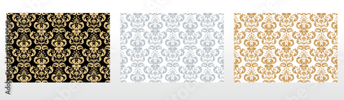 Wallpapers in the style of Baroque. Seamless vector backgrounds. Set of colored floral ornaments. Graphic patterns for fabric, wallpaper, packaging. Ornate Damask flower ornaments