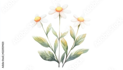 Wallpaper Mural Watercolor illustration of three daisies with green leaves, showcasing delicate floral beauty and tranquility Torontodigital.ca