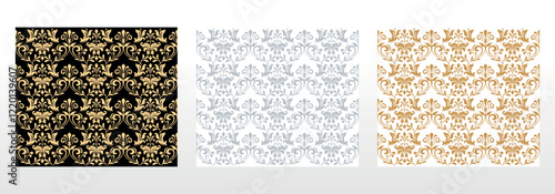 Wallpapers in the style of Baroque. Seamless vector backgrounds. Set of colored floral ornaments. Graphic patterns for fabric, wallpaper, packaging. Ornate Damask flower ornaments