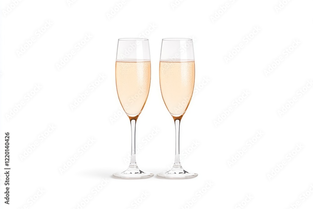 Two elegant champagne flutes filled with sparkling ros?, set against a minimalist white background Two elegant champagne flutes filled with sparkling ros?, set against a minimalist white background