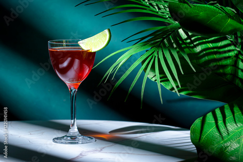 Irish Jack Rose alcoholic cocktail drink with Irish whiskey, calvados, lime juice, grenadine and lime wedge. Green background, hard light and shadows photo