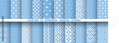  Geometric set of seamless blue and white patterns. Simple vector graphics