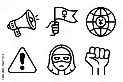 Feminism and social protest line icons, 6 vector elements for activism and gender equality, megaphone and raised fist symbols for human rights, global movement and female empowerment graphics