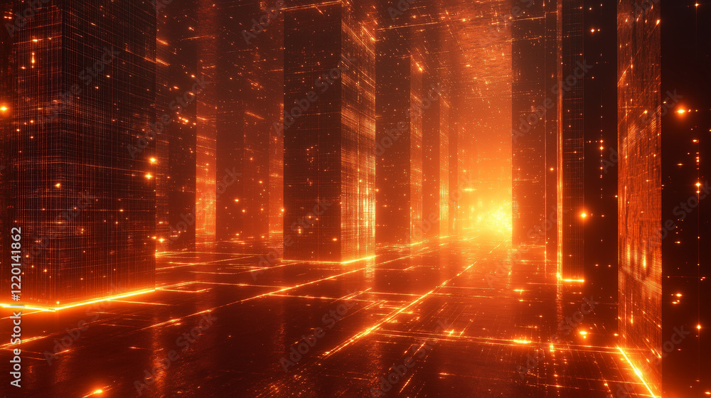 Naklejka premium Glowing Orange Cityscape Abstract Digital Art