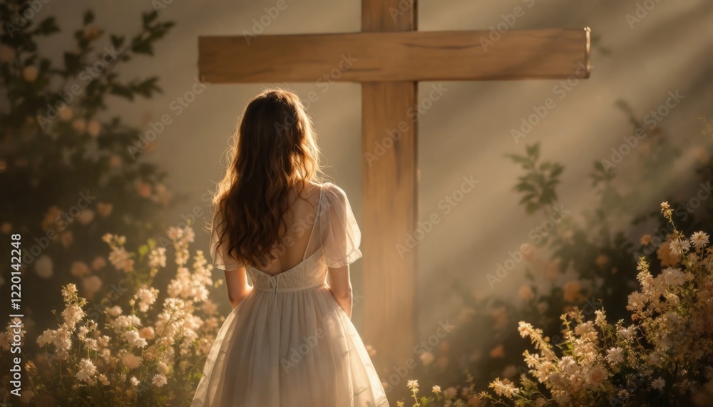 custom made wallpaper toronto digitalA woman facing a wooden cross in a dreamy, ethereal floral landscape