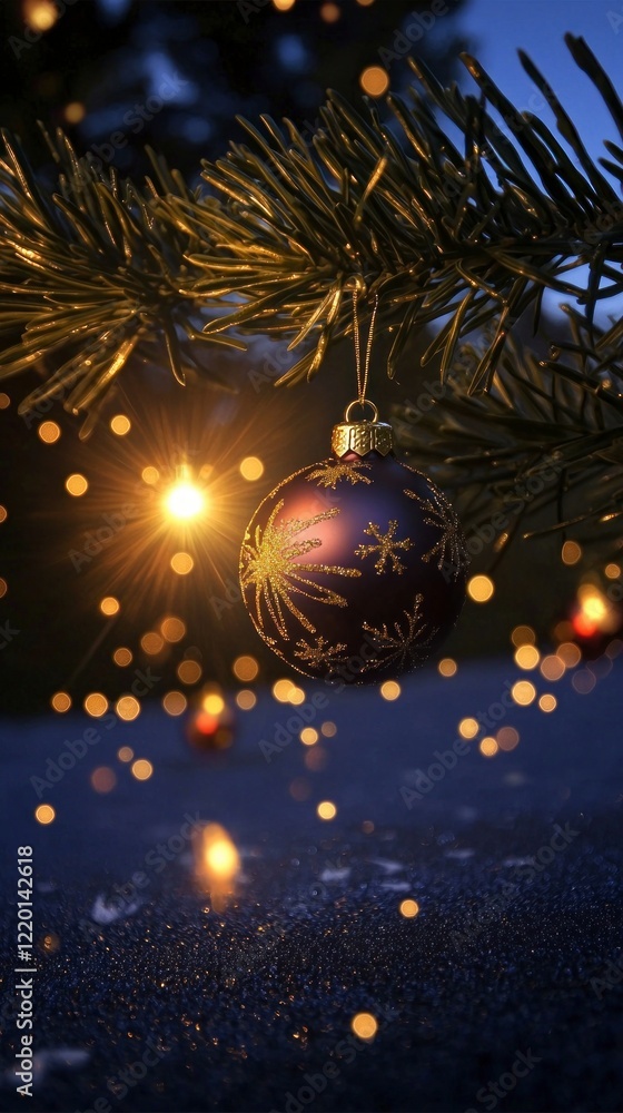 Festive Christmas Ornament Hanging on Pine Branch Sparkling Lights Background Festive Christmas Ornament Hanging on Pine Branch Sparkling Lights Background