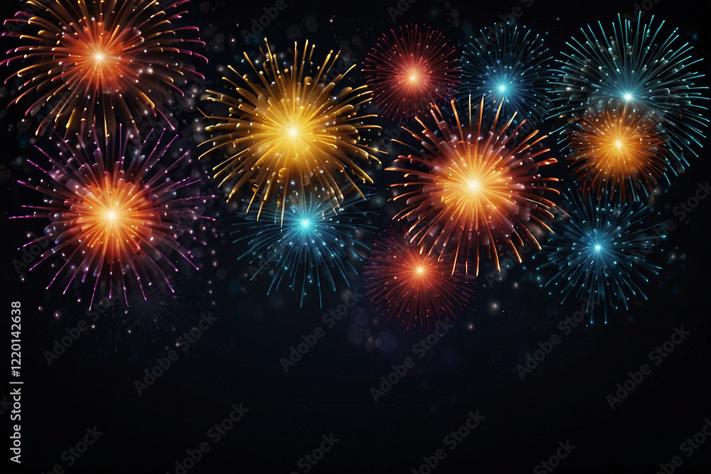 Fototapeta premium festive decorative colorful fireworks explosions isolated on dark background. Holyday decorative elements and Congratulation banner.