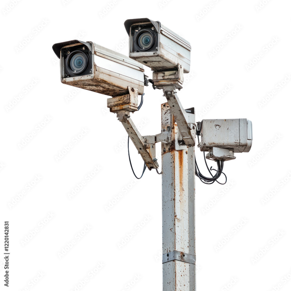 Surveillance cameras mounted on a tall post at the port, isolated on a transparency background Surveillance cameras mounted on a tall post at the port, isolated on a transparency background