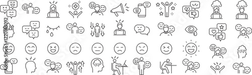 ベクターでモノクロの感情に関する線画アイコンセット