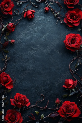 Fototapeta Naklejka Na Ścianę i Meble -  Dark moody background with red roses and thorny vines forming a frame.