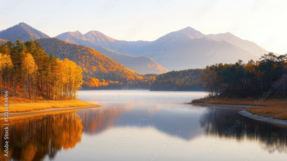 Tranquil Golden Hour Reflections on a Calm Lake Amidst Majestic Mountains Tranquil Golden Hour Reflections on a Calm Lake Amidst Majestic Mountains