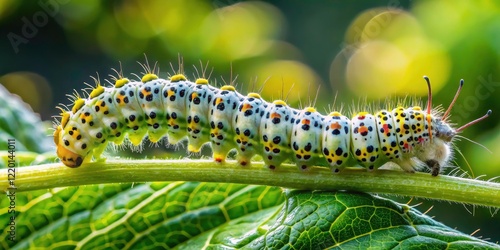 A hungry Pieris brassicae caterpillarâ€”a garden pestâ€”captured in macro detail, consuming foliage. photo