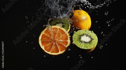Fresh orange and kiwi slices splashing in water