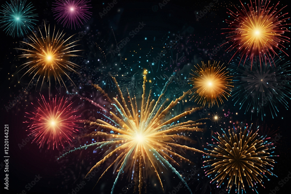Fototapeta premium festive decorative colorful fireworks explosions isolated on dark background. Holyday decorative elements and Congratulation banner.