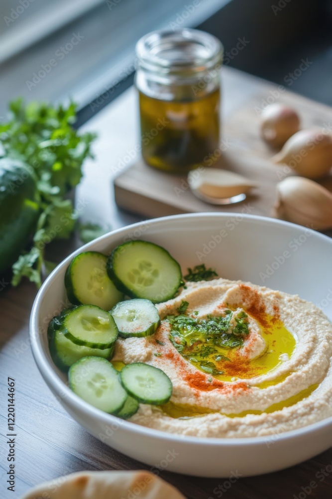 Bulgur salad with hummus and fresh cucumbers arranged artfully on a table Bulgur salad with hummus and fresh cucumbers arranged artfully on a table
