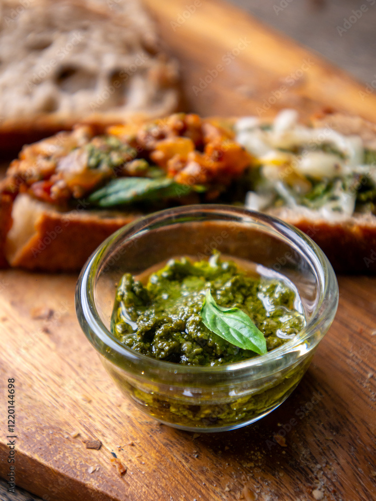 Pesto Sauce with Rustic Sourdough Bread on Wooden Table.
