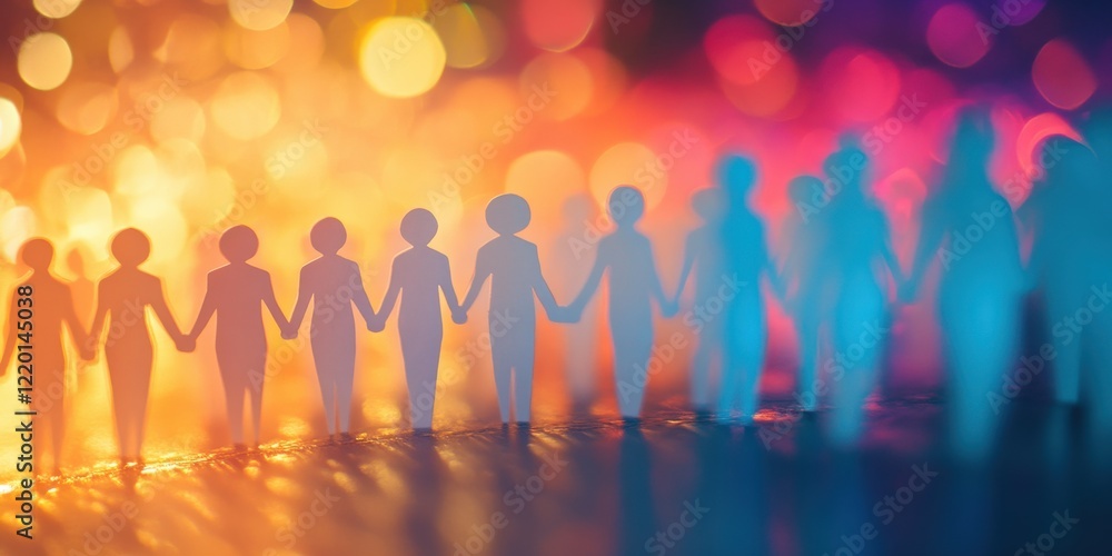 Fototapeta premium Row of interconnected white paper figures holding hands, casting vibrant colorful shadows on a soft-focus background with bokeh lights, symbolizing unity, diversity, and togetherness.