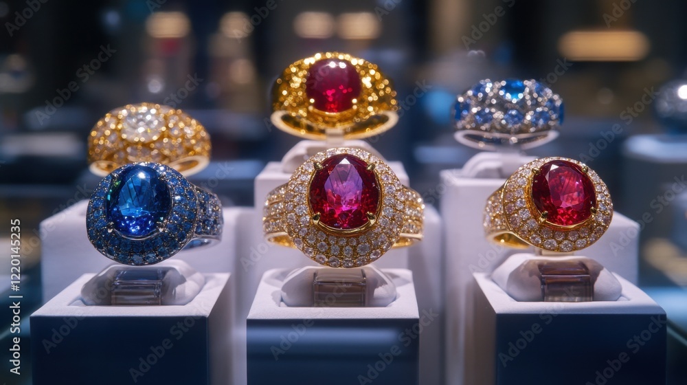 Fototapeta premium Collection of sapphire and ruby rings arranged in a high-end boutique showcase.