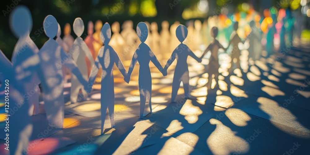 Obraz premium Row of interconnected white paper figures holding hands, casting vibrant colorful shadows on a soft-focus background with bokeh lights, symbolizing unity, diversity, and togetherness.