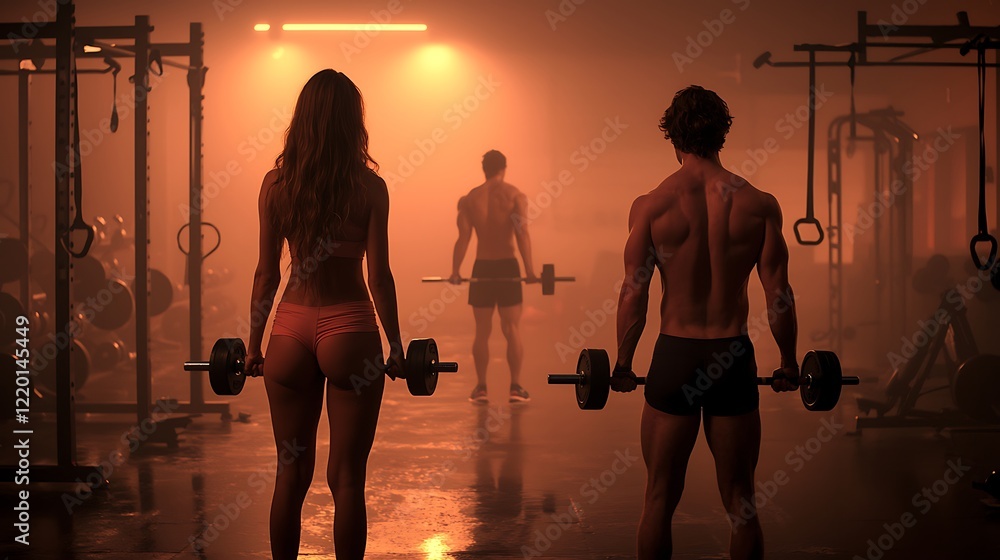 Fototapeta premium Fitness enthusiasts lifting weights in a dimly lit gym, showcasing strength and determination