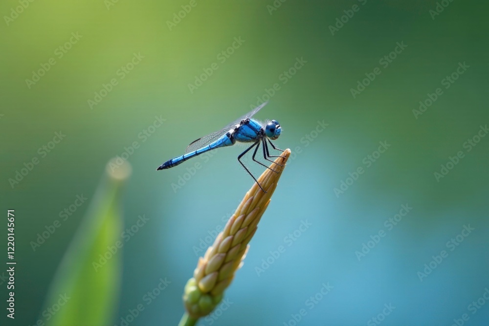 Delicate blue dragonfly perches on a single reed stem, serene, peaceful, nature Delicate blue dragonfly perches on a single reed stem, serene, peaceful, nature