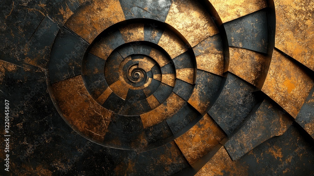Fototapeta premium Abstract Golden Spiral: A mesmerizing journey into the depths of geometric artistry. The image showcases a captivating spiral design, with intricate details and contrasting textures.