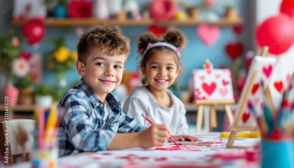 Two cheerful kids joyfully painting hearts for Valentine's Day art activity Two cheerful kids joyfully painting hearts for Valentine's Day art activity