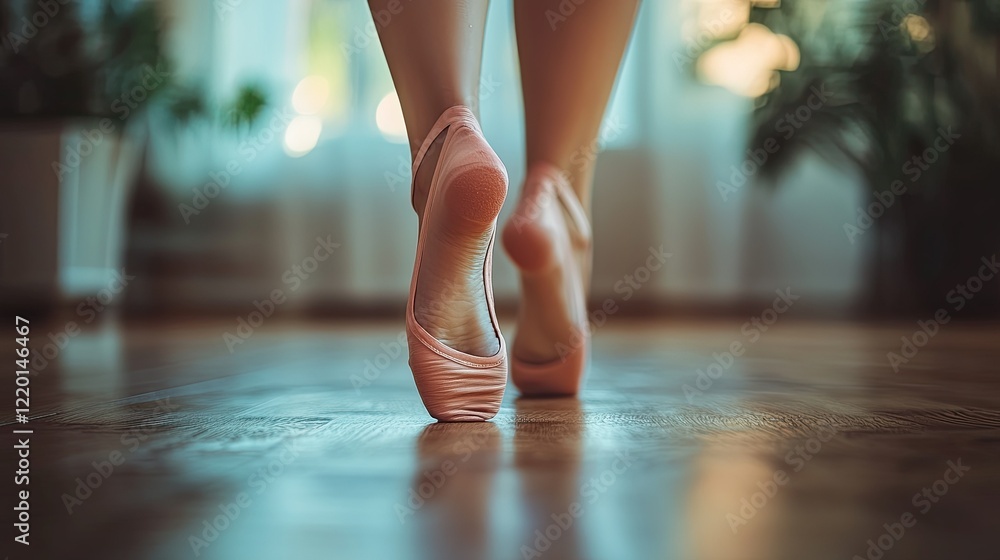 Graceful Steps: A Ballerina's Pointe Shoes on Hardwood Floor Graceful Steps: A Ballerina's Pointe Shoes on Hardwood Floor