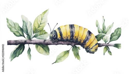 A vibrant yellow and black caterpillar perched on a leafy branch, surrounded by lush green foliage