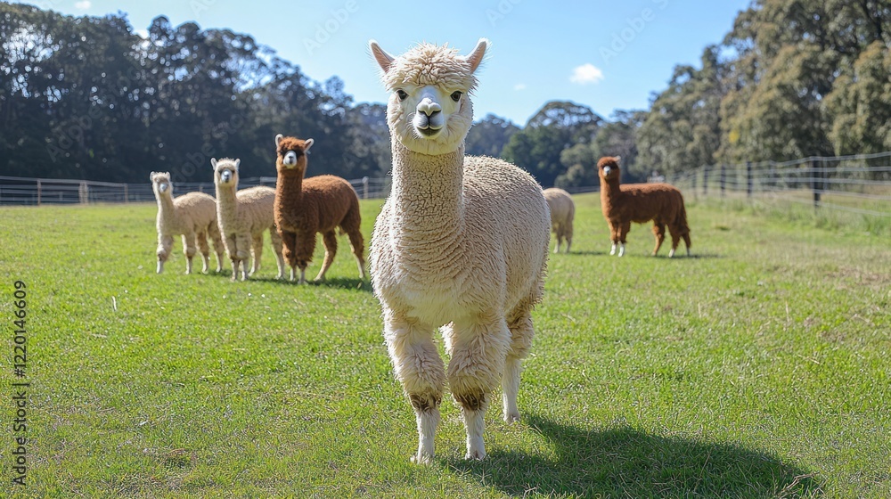 Fototapeta premium Photo of cute alpacas on green grass.