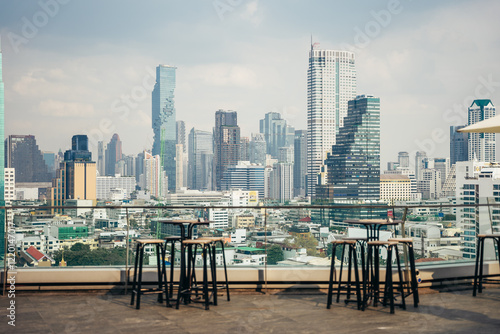 Photography Bangkok city panorama of Sathorn and Silom district with many modern tall buildings and skyscrapers