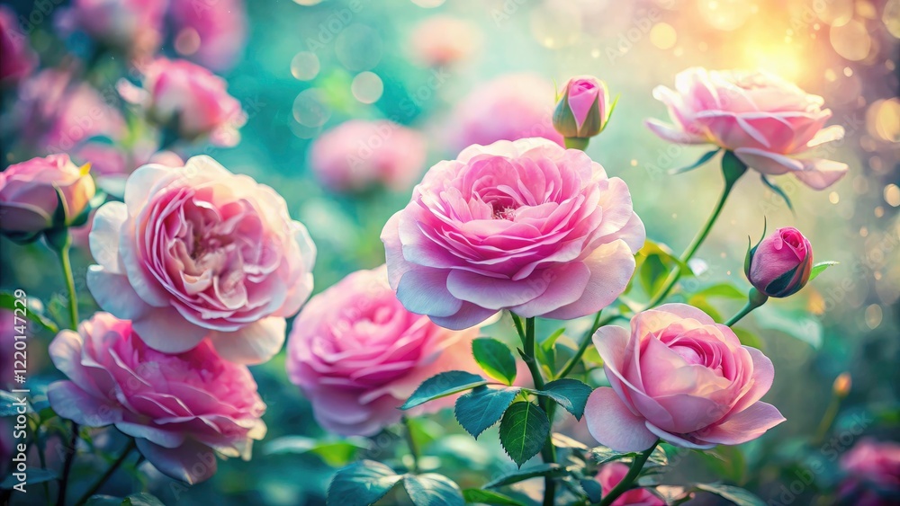 Fototapeta premium AI-generated double exposure: a surreal pink rose garden, blending fantasy and floral photography.