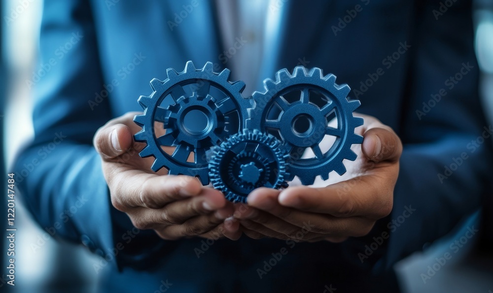 Businessman Holding Digital Gears Illustrating Project Management, Automated Workflow, Quality Control, and Long-term Business Assessment Tracking Concept, Generative AI