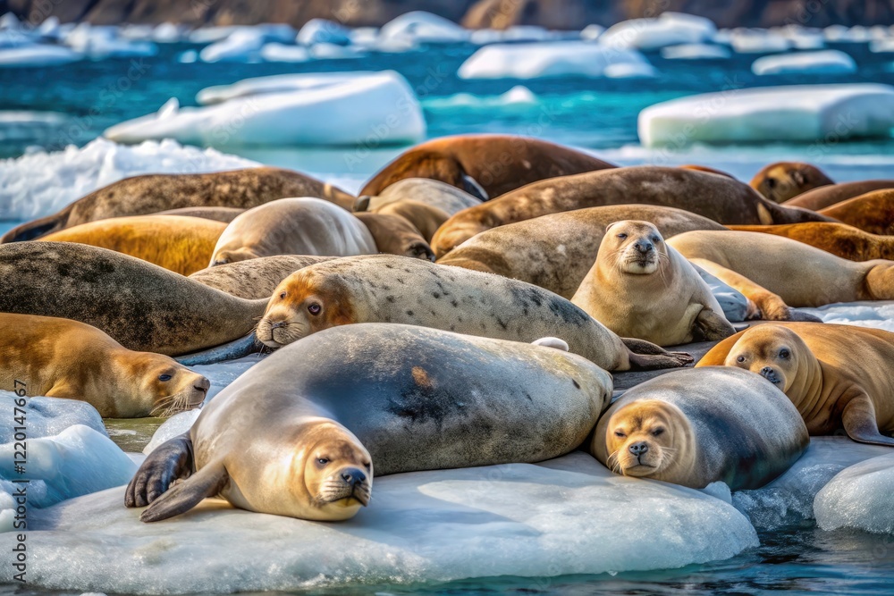 Fototapeta premium AI-generated image: Sea lions rest, showcasing the rule of thirds amidst an arctic wildlife scene of ocean mammals.