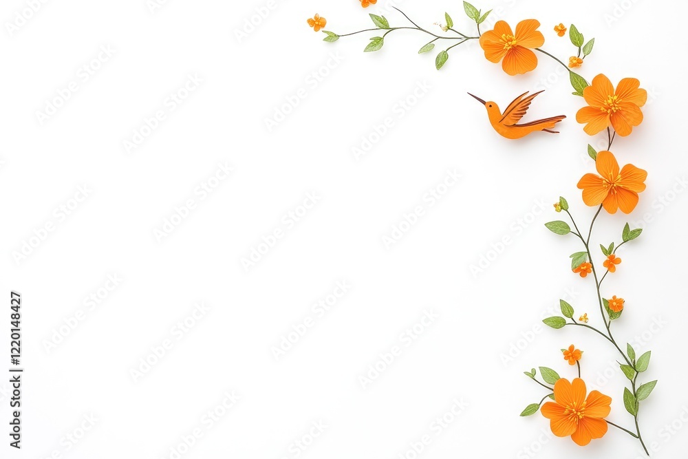 Vibrant orange flowers and a hummingbird create a lively corner design on a clean white background Vibrant orange flowers and a hummingbird create a lively corner design on a clean white background