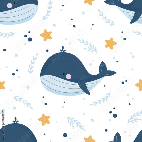 Childish seamless pattern with cute whale