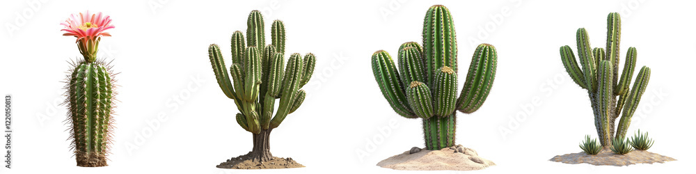 set of Multiple cactus plants of various sizes, arranged in a group, a single cactus plant with a blooming pink flower, on a transparent backgrounds set of Multiple cactus plants of various sizes, arranged in a group, a single cactus plant with a blooming pink flower, on a transparent backgrounds