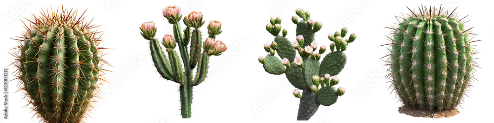 set of Multiple cactus plants of various sizes, arranged in a group, a single cactus plant with a blooming pink flower, on a transparent backgrounds set of Multiple cactus plants of various sizes, arranged in a group, a single cactus plant with a blooming pink flower, on a transparent backgrounds