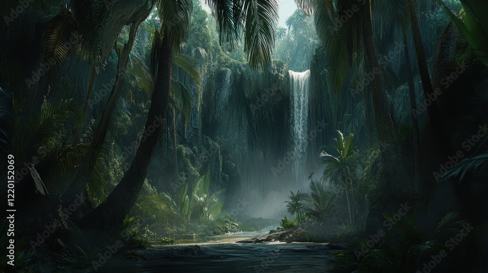 Serene Waterfall in Lush Tropical Jungle Paradise Serene Waterfall in Lush Tropical Jungle Paradise