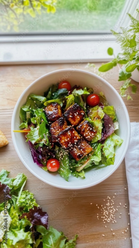 Fresh green salad with tempeh and cherry tomatoes on a rustic table Fresh green salad with tempeh and cherry tomatoes on a rustic table