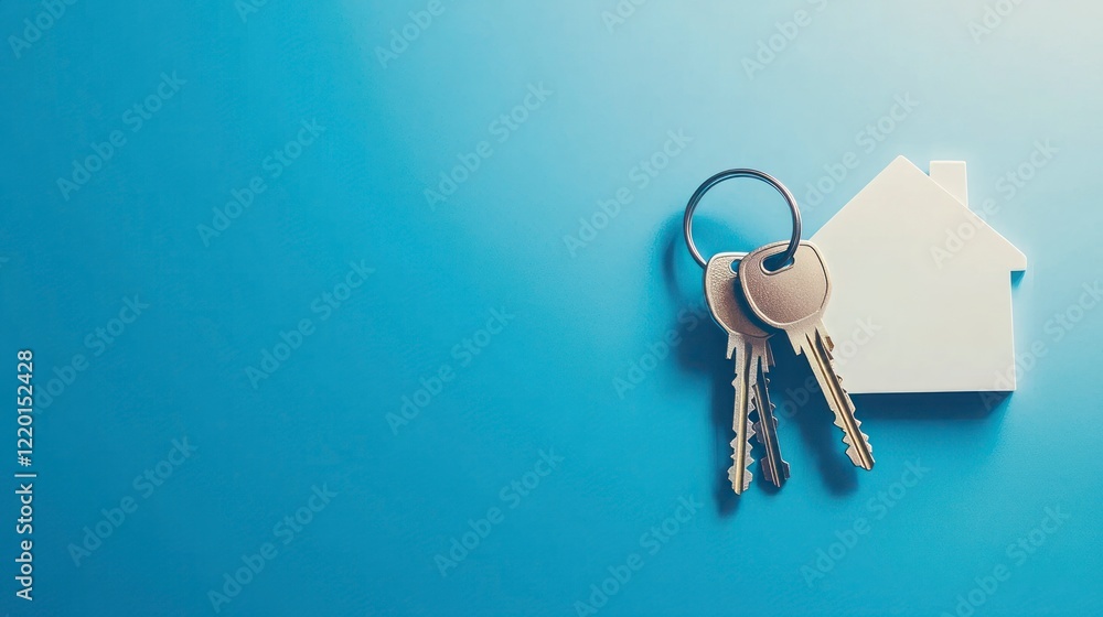 House-shaped keychain with keys on a blue background, a real estate concept. Copy space banner for a housewarming party. Real estate wallpaper.